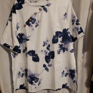 Floral Button-Accent Women's Top - Blue and White